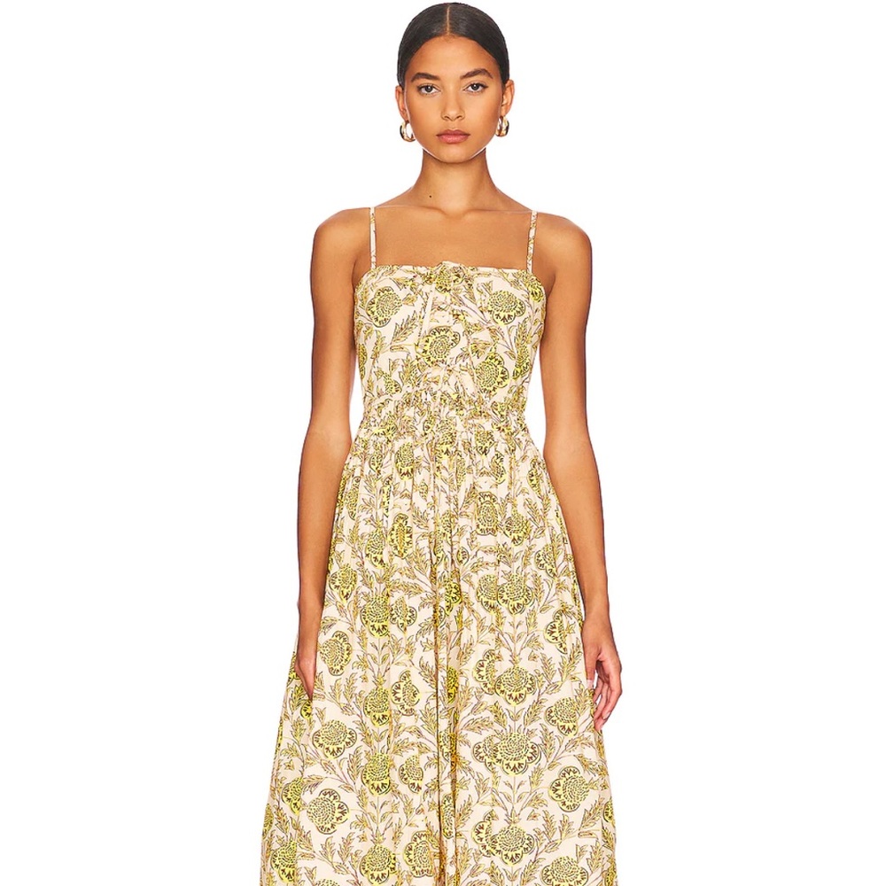 Rhode yellow floral Katrina in garden of dream golden mid-length cocktail dress